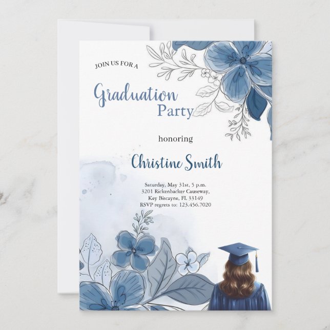 elegant blue floral graduation party invitation inbjudningar (Framsida)