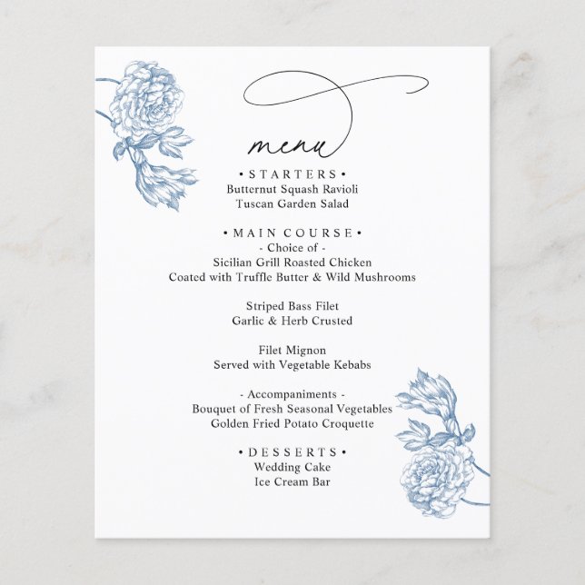Elegant Blue Floral Modern Script Wedding Menu  (Framsida)