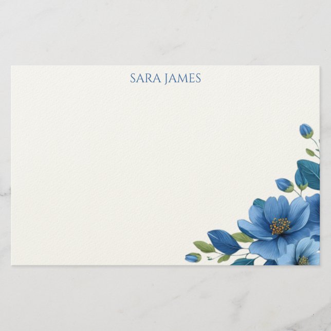 Elegant Blue Floral Personal Stationery Note Card Brevpapper (Framsida)