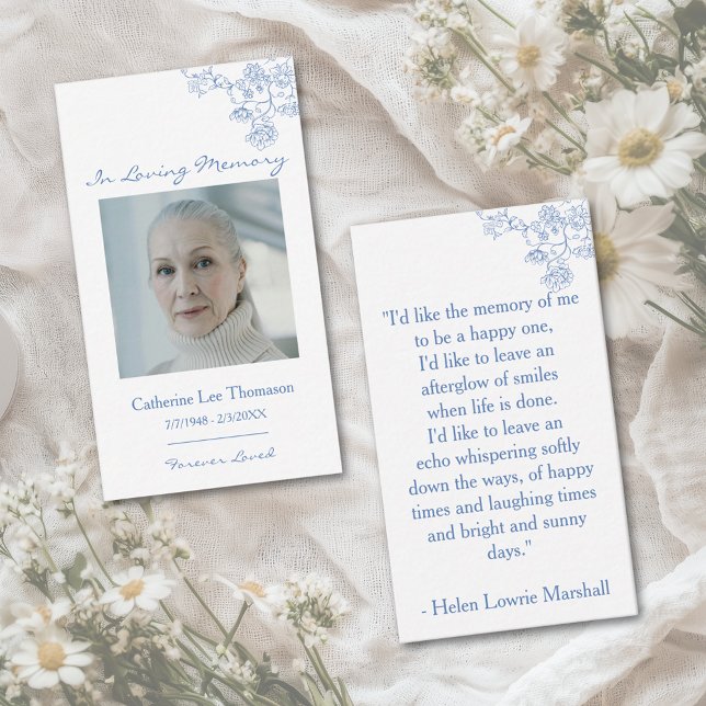 Elegant Blue Floral Photo Prayer Card Visitkort (Elegant Blue Floral Photo Prayer Card)