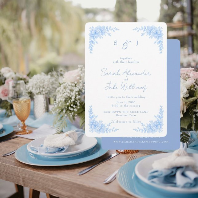 Elegant Blue Floral Rounded Wedding Website Inbjudningar (Skapare uppladdad)