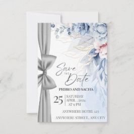 Elegant Blue Floral Save The Date Card with Silver Inbjudningar