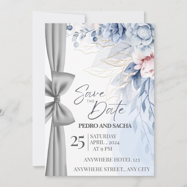 Elegant Blue Floral Save The Date Card with Silver Spara Datumet (Framsida)