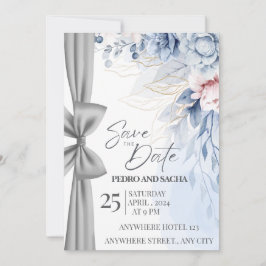 Elegant Blue Floral Save The Date Card with Silver Tack Kort