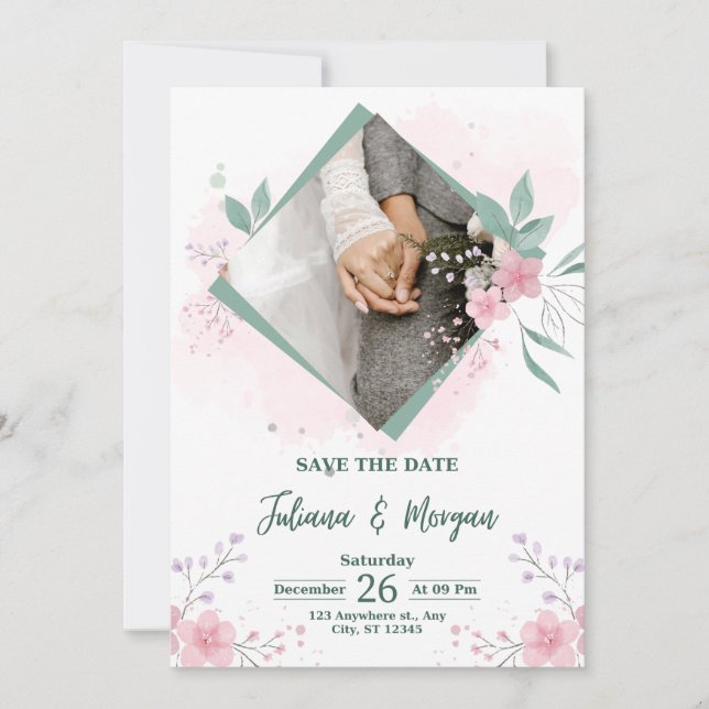 Elegant Blue Floral Save The Date Wedding Invite Inbjudningar (Framsida)