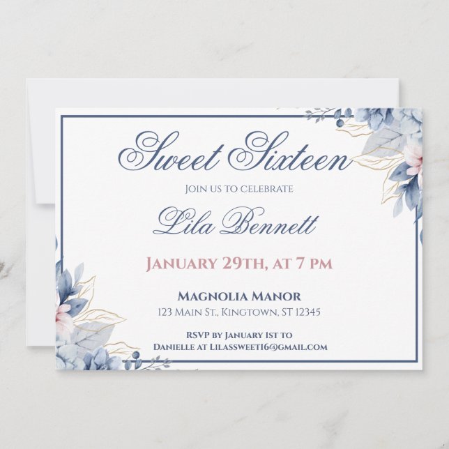 Elegant Blue Floral Sweet 16 Invitation Inbjudningar (Framsida)