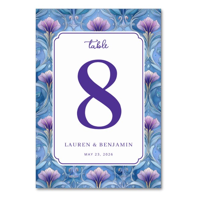 Elegant Blue Floral Table Number Bordsnummer (Framsidan)