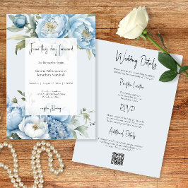 Elegant Blue Floral Two Sided Wedding Invitation Inbjudningar