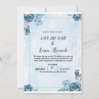 Elegant Blue Floral Watercolor Wedding Save the Da Inbjudningar