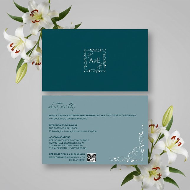 Elegant Blue Floral Wedding Details Card OSA Kort (Skapare uppladdad)
