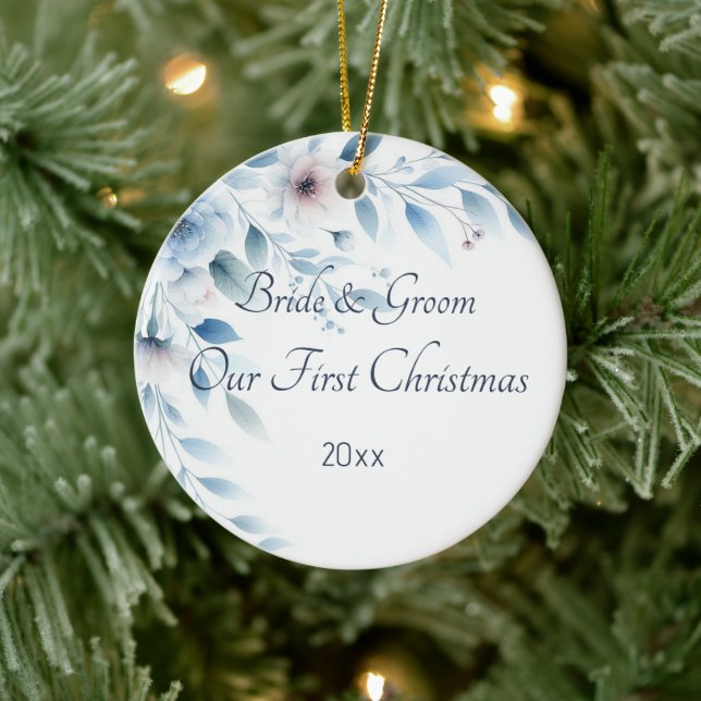 Elegant Blue Floral Wedding First Christmas Julgransprydnad Keramik (Träd)