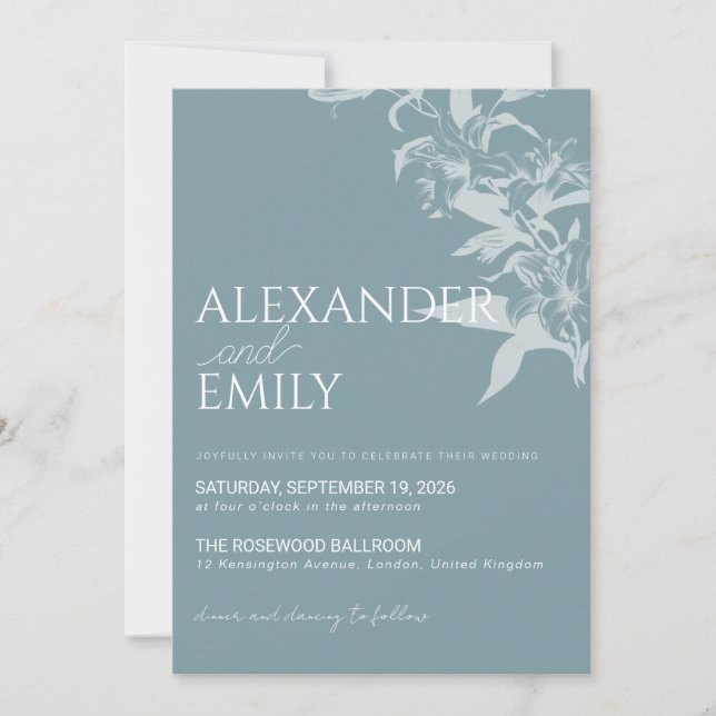 Elegant Blue Floral Wedding Invitation Inbjudningar (Framsida)
