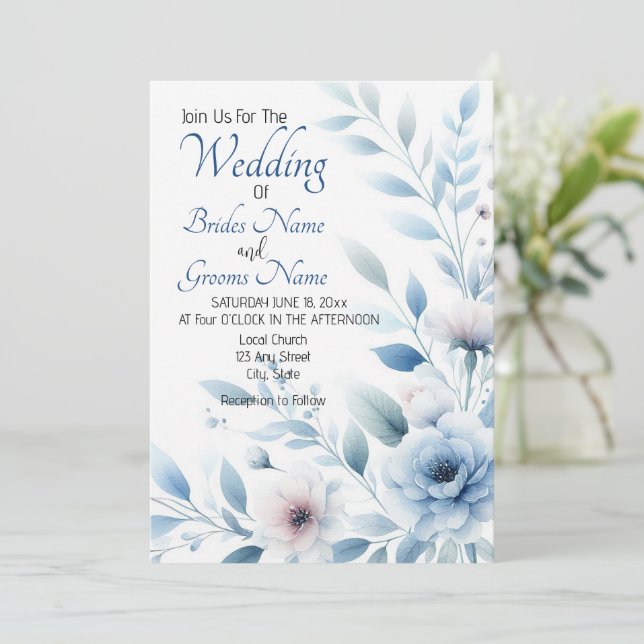 Elegant Blue Floral Wedding Invitation Inbjudningar (Stående Fram)