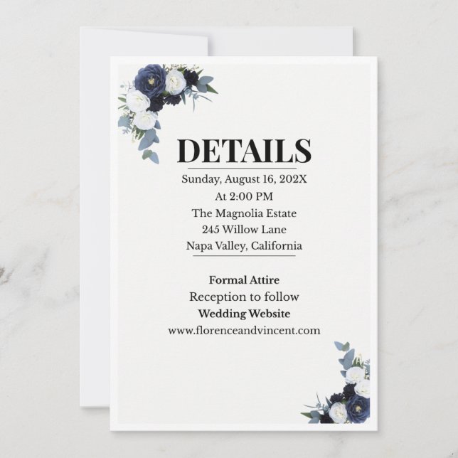 Elegant Blue Floral Wedding Invitation Inbjudningar (Framsida)