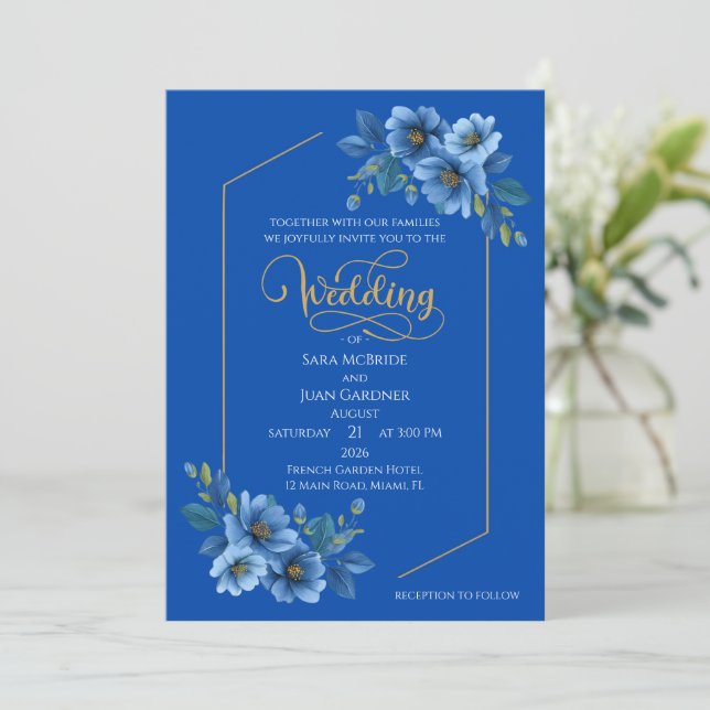 Elegant Blue Floral Wedding Invitation Inbjudningar (Stående Fram)