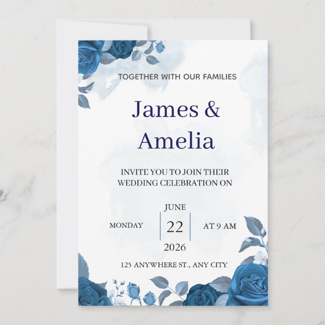 Elegant Blue Floral Wedding Invitation Inbjudningar (Framsida)