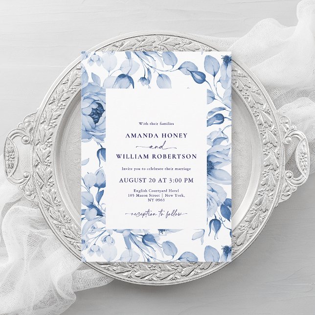 Elegant Blue Floral Wedding Invitation Inbjudningar (Skapare uppladdad)