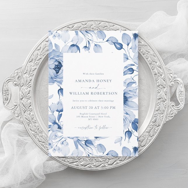 Elegant Blue Floral Wedding Invitation Inbjudningar (Skapare uppladdad)