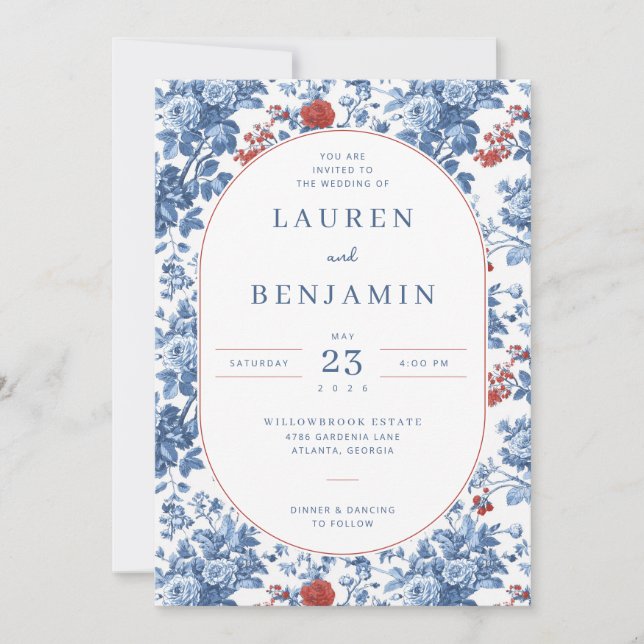 Elegant Blue Floral Wedding Invitation Inbjudningar (Framsida)