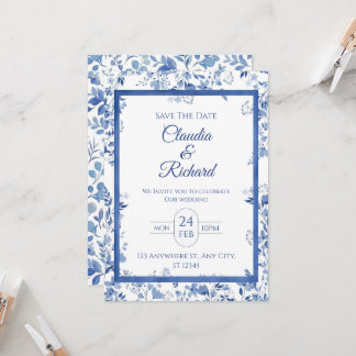 Elegant Blue Floral Wedding Invitation  Inbjudningar
