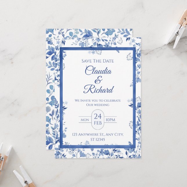 Elegant Blue Floral Wedding Invitation  Inbjudningar (Fram/Back In Situ)