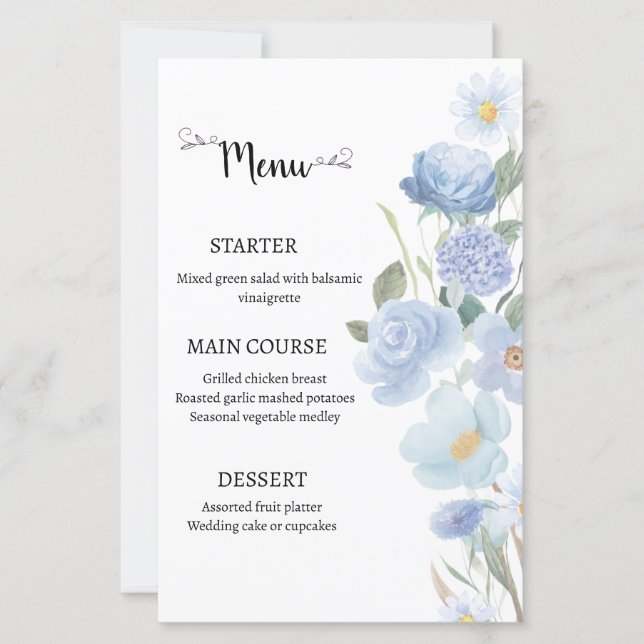 Elegant Blue Floral Wedding Menu (Framsida)