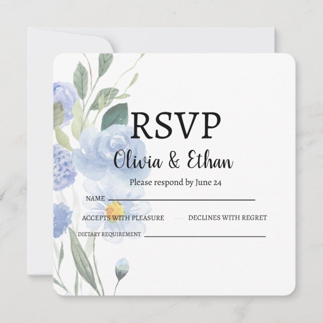 Elegant Blue Floral Wedding RSVP Card (Framsida)