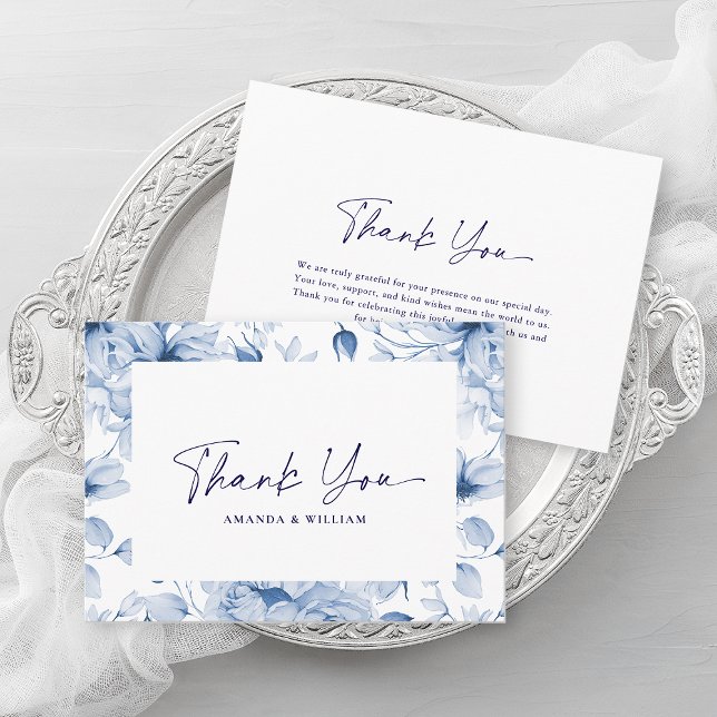 Elegant Blue Floral Wedding Thank You Card Tack Kort (Skapare uppladdad)