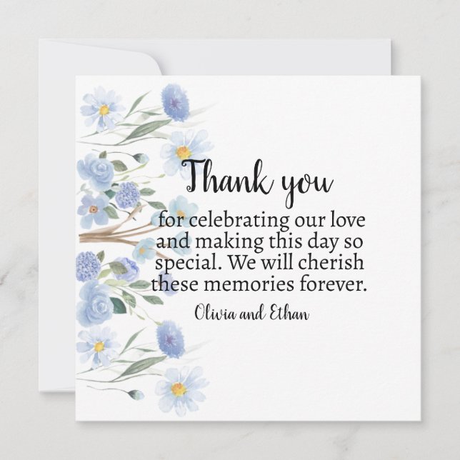 Elegant Blue Floral Wedding Thank You Card Tack Kort (Framsida)