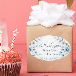 Elegant Blue Floral Wedding Thank-you Sticker Ovalt Klistermärke
