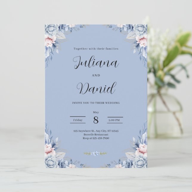 Elegant Blue Floral Wedding Tropical wedding  Inbjudningar (Stående Fram)