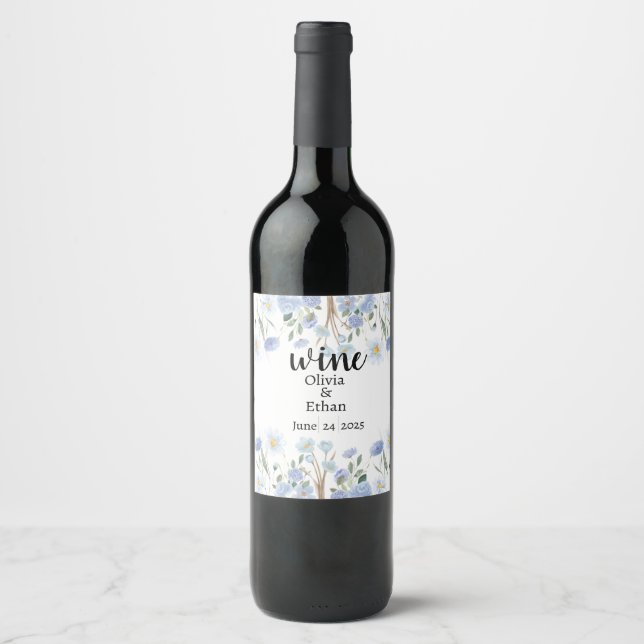 Elegant Blue Floral Wedding Wine Label Vinflaska Etikett (Framsida)