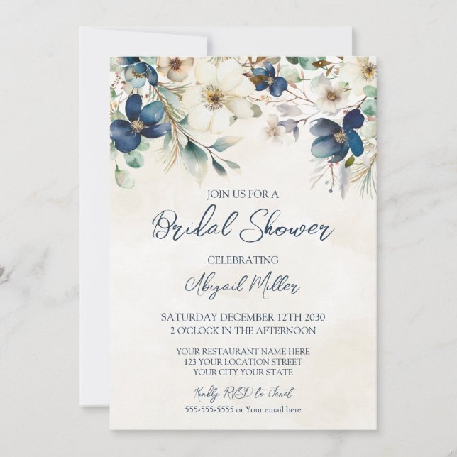 Elegant Blue Floral Winter Bridal Shower Inbjudningar (Framsida)