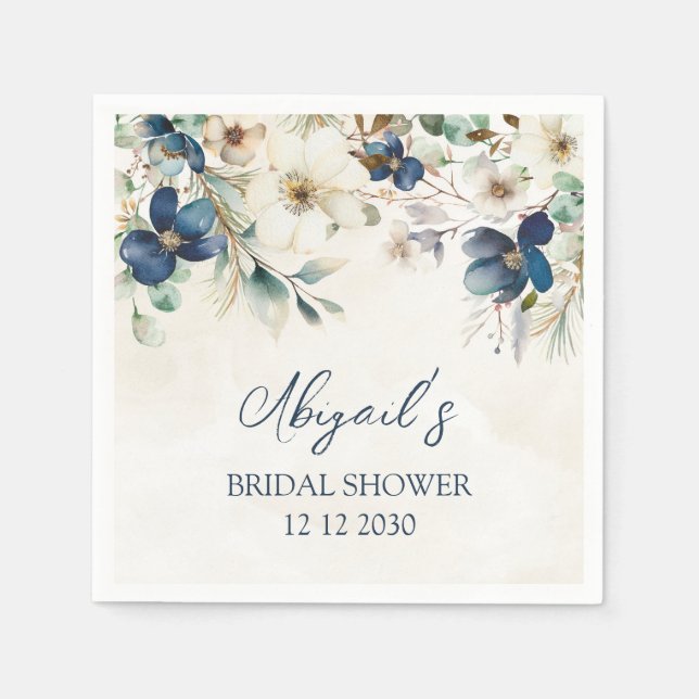 Elegant Blue Floral Winter Bridal Shower Napkin Pappersservett (Framsidan)