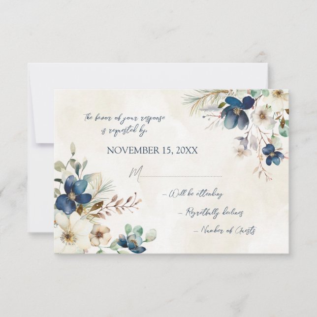 Elegant Blue Floral Winter RSVP Wedding Card OSA Kort (Framsida)