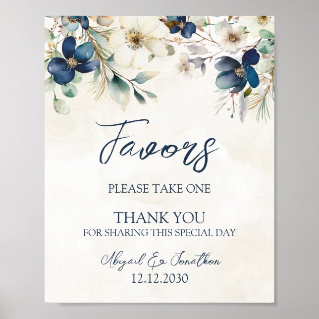 Elegant Blue Floral Winter Wedding Favors Sign Poster (Framsidan)