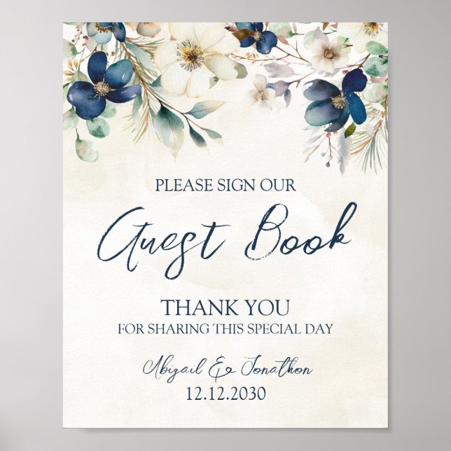 Elegant Blue Floral Winter Wedding Guest Book Sign Poster (Framsidan)