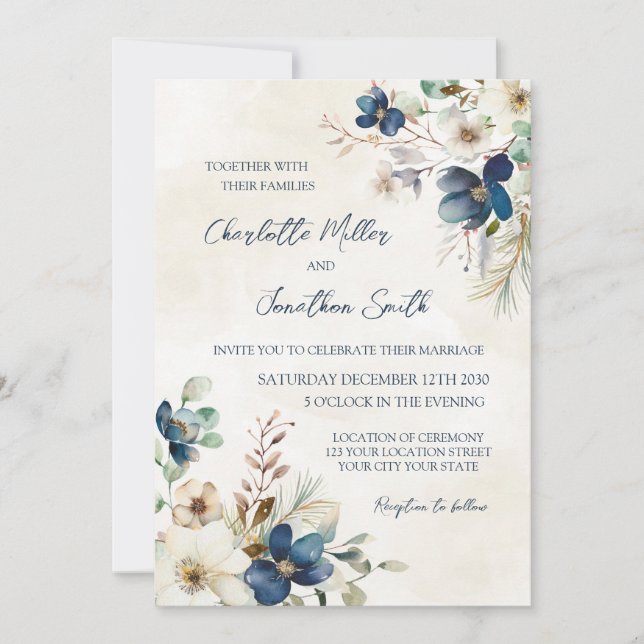 Elegant Blue Floral Winter Wedding Invitations Inbjudningar (Framsida)