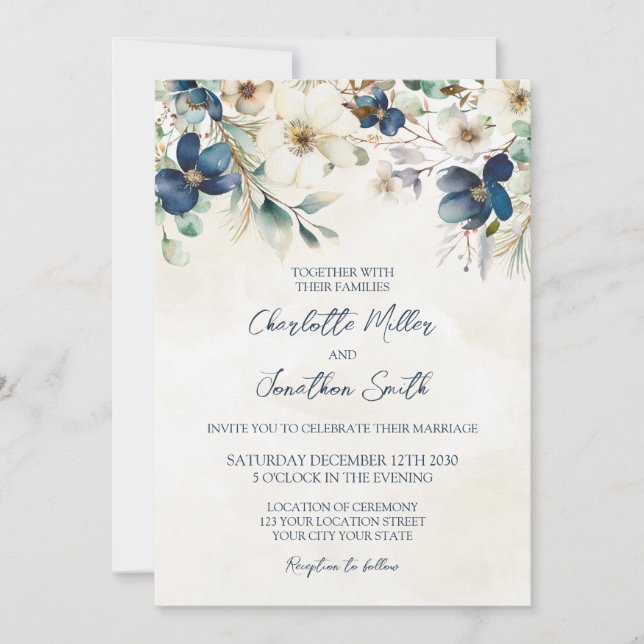 Elegant Blue Floral Winter Wedding Invitations Inbjudningar (Framsida)