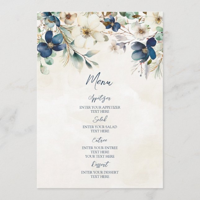 Elegant Blue Floral Winter Wedding Menu Meny (Framsida)