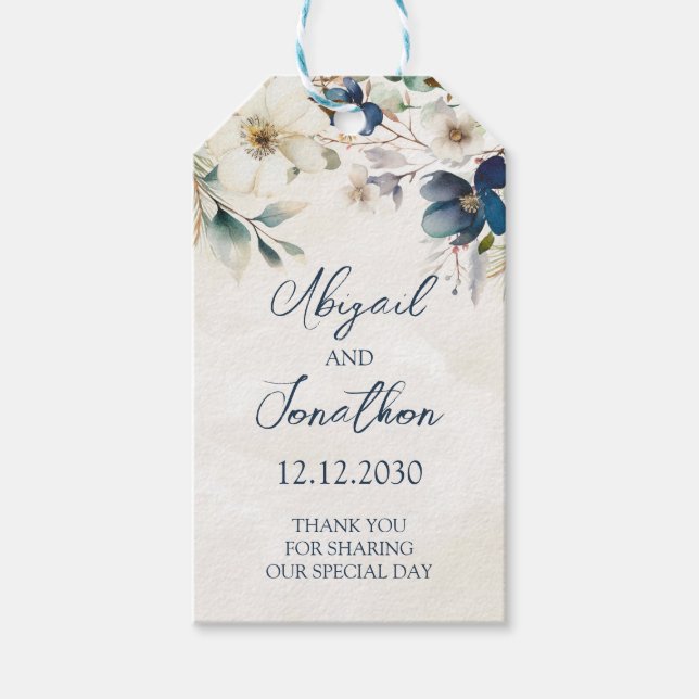 Elegant Blue Floral Winter Wedding Presentetikett (Framsidan)