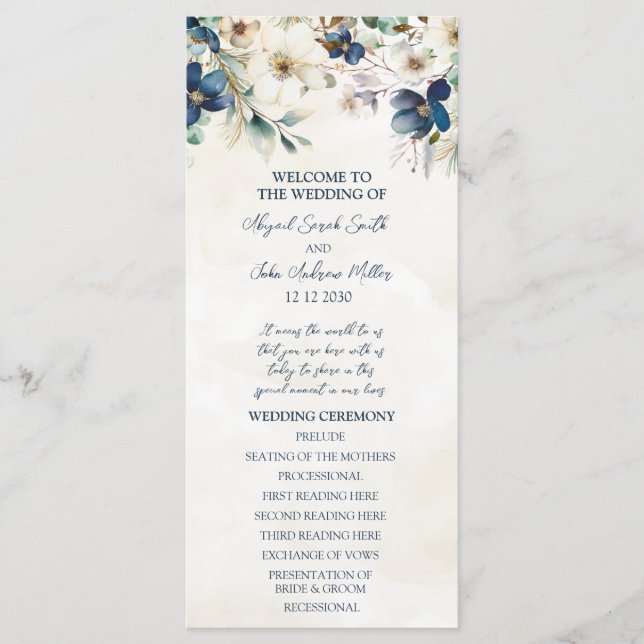 Elegant Blue Floral Winter Wedding Program (Framsida)