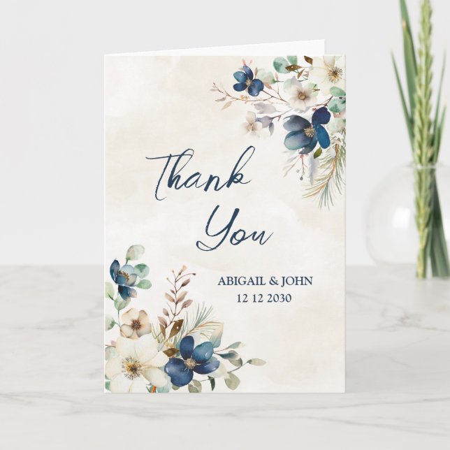 Elegant Blue Floral Winter Wedding Thank You Card Tack Kort (Framsida)