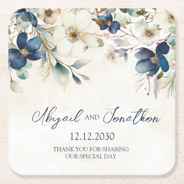 Elegant Blue Floral Winter Wedding Underlägg Papper Kvadrat (Framsidan)