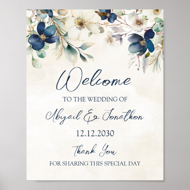 Elegant Blue Floral Winter Wedding Welcome Poster (Framsidan)