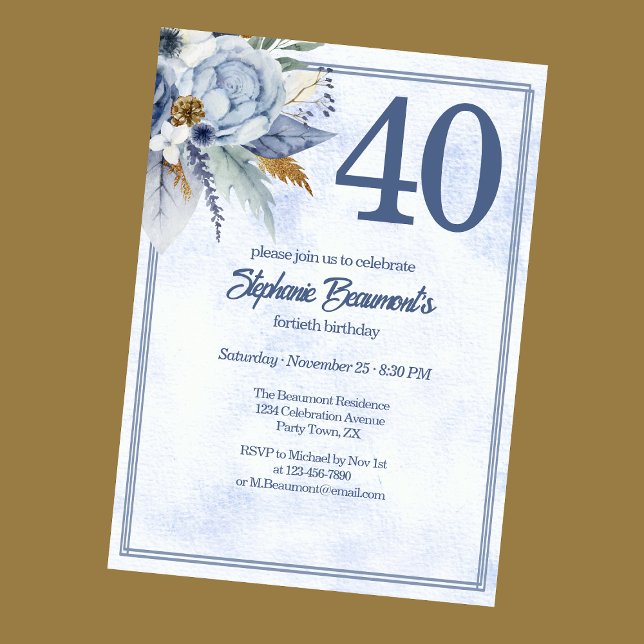 Elegant Blue Florals Women's 40th Birthday Party Inbjudningar (Skapare uppladdad)