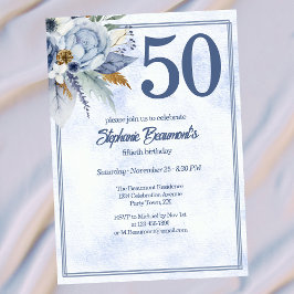 Elegant Blue Florals Women's 50th Birthday Party Inbjudningar