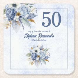 Elegant Blue Florals Women's 50th Birthday Party Underlägg Papper Kvadrat