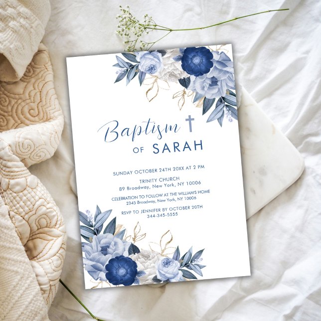 Elegant Blue Flower Baptism Christening Kor Inbjudningar (Elegant Blue Flower Baptism Christening Cross Invitation)