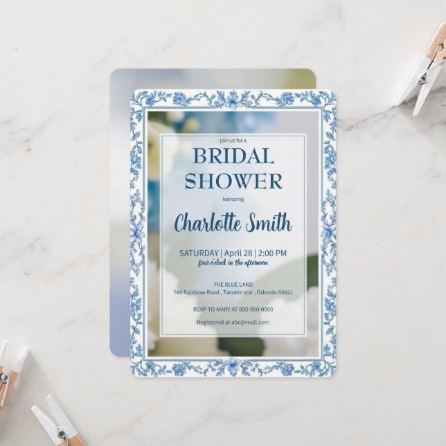 Elegant Blue Flower chinoiserie möhippa Inbjudningar (Fram/Back In Situ)